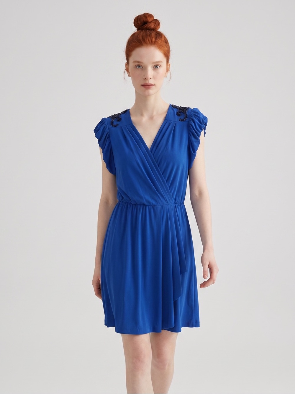 Vintage Rimini Cobalt Blue Wrap Dress with Embellished Shoulders. Made in USA. 8